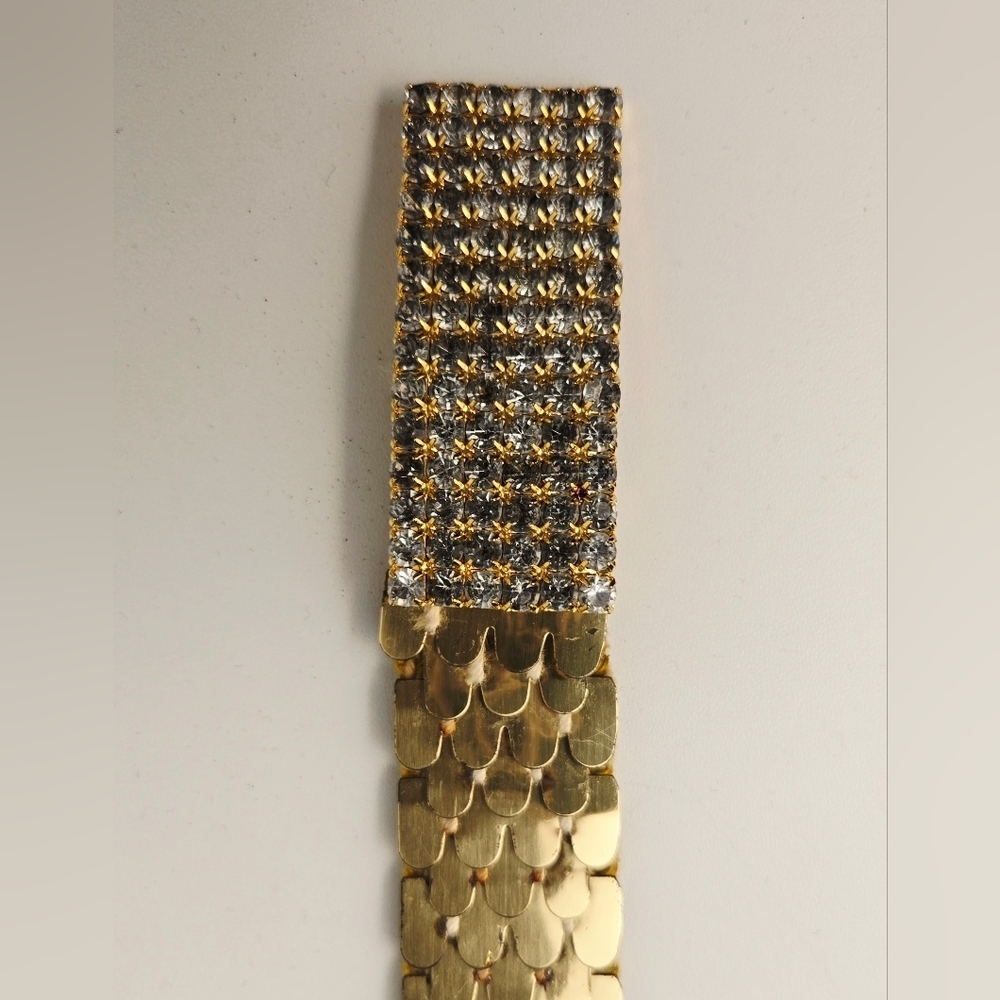 80s Vintage Gold Metal Mesh Belt w/ Rhinestone Buckle Disco Glam - Picture 8 of 12